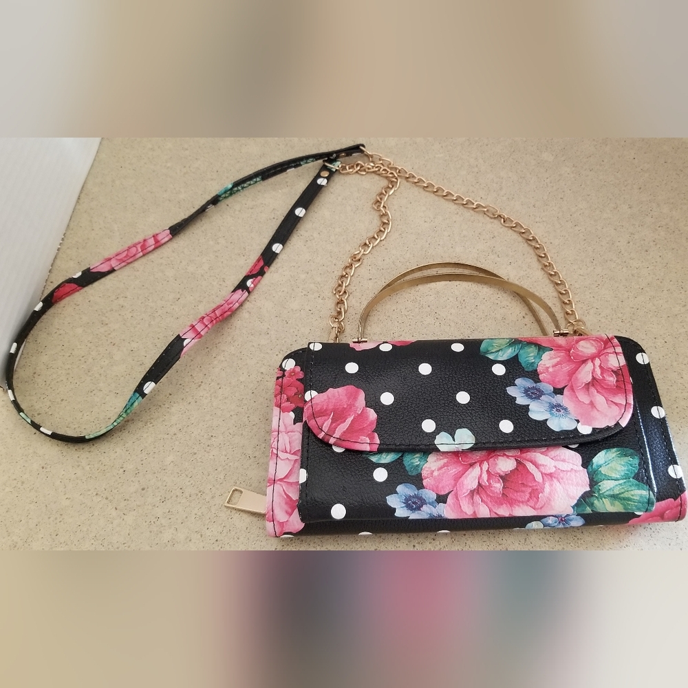 Clutch Wallet Black and Pink Floral Polka Dot Clutch with Chain Strap